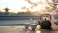 Traditional Japanese tea ceremony set with cast iron teapot and ceramic cups on wooden table during cherry blossom season at sunset with pagoda backdrop.
