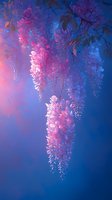 Blooming wisteria flowers in pink and purple hues against deep blue background, creating dreamy atmospheric garden scene with hanging floral clusters.