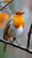 European robin perched on bare branch with vibrant orange-red breast and gray-brown wings against soft blurred background, perfect for nature publications.