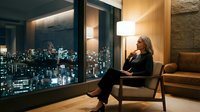 Woman in business attire sitting in modern high-rise apartment, gazing at illuminated city skyline at night through floor-to-ceiling windows, contemporary interior design with warm lighting.