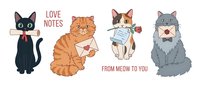 Four adorable cats holding love letters and notes with romantic messages, perfect for Valentine's Day greeting cards and romantic designs.
