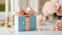 Romantic blue gift box with peach bow and gold Love text, surrounded by soft pink rose petals on white surface, creating tender celebration atmosphere.