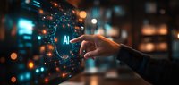 Male hand touching futuristic AI interface with glowing blue holographic circle and digital elements against dark blurred background with bokeh lights.