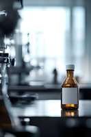 Amber glass medicine bottle with blank label on dark surface in laboratory setting, dramatic lighting creates moody atmosphere. Medical research concept.