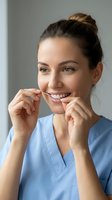 Young woman with dark hair in a bun, Caucasian ethnicity, wearing light blue medical scrubs, smiling while using dental floss. Dental hygiene and oral care concept for healthcare and wellness marketing.