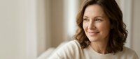 Middle-aged Caucasian woman with wavy brown hair smiling warmly in cozy cream sweater, sitting relaxed in bright modern home interior with natural lighting.
