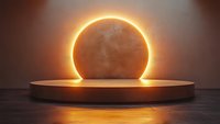 Glowing ring of light behind concrete circle on round podium creating dramatic solar eclipse effect with warm orange illumination and reflective surface.