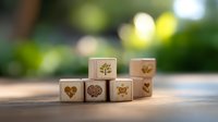 Wooden dice with eco and nature symbols engraved on sides, including tree, heart, brain and bear icons, displayed on blurred natural background. Perfect for environmental concepts.