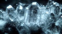 Luminous quartz crystal formation with glowing blue highlights against dark background, macro photography showing mineral structure and geometric shapes in nature.