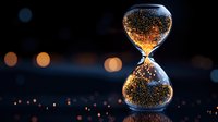 Glowing particles flow through hourglass against dark background with bokeh lights, symbolizing time passage and magical moments in conceptual still life.
