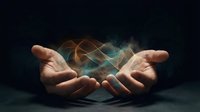 Two hands with palms up holding glowing geometric wireframe sphere with golden and blue light effects against dark background for spirituality and technology concepts.