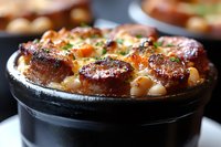 Baked macaroni and cheese casserole topped with crispy bacon and melted cheddar in black ceramic ramekin, close-up view showing golden brown crust and creamy texture.