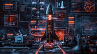 Futuristic space shuttle on launch pad with glowing orange lights against dark cyberpunk cityscape background with digital interface elements and neon accents.