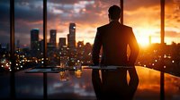 Silhouette of businessman at sunset, standing by window overlooking city skyline. Dramatic orange sky reflects on glossy table surface with drinking glasses.
