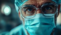 Close-up portrait of mature male surgeon wearing protective surgical mask and glasses with determined expression in operating room, teal lighting.