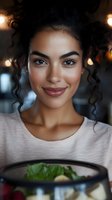 Young Latin woman with curly hair and natural makeup smiling warmly at dinner table with bokeh lights in background, focus on genuine expression.