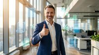 Confident middle-aged Caucasian businessman giving thumbs up in modern office with digital data visualization overlays for corporate success presentations.