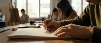Young student drawing in sketchbook during art class, focused hands holding pencil over paper, peers working in bright classroom background.