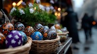 Festive decorated Christmas baubles in wicker baskets at holiday market with bokeh lights and evergreen branches, creating cozy winter atmosphere.