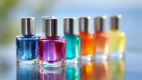 Colorful glass bottles with silver caps arranged in rainbow order on reflective surface, showing vibrant blue, purple, turquoise, orange and yellow liquids in soft focus.