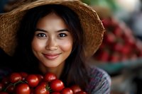 Young Asian woman in straw hat smiling while holding fresh red tomatoes at farmers market. Natural lighting highlights warm expression and fresh produce.