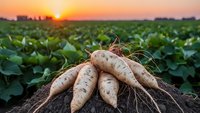 Fresh harvested parsnips with soil on roots lying in agricultural field during golden sunset. Organic farming and sustainable agriculture concept.