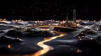 Futuristic cityscape with glowing path through dark waves, illuminated skyscrapers against starry night sky create dramatic urban landscape. Suitable for sci-fi concepts.