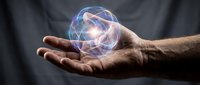 Male hands holding glowing digital sphere with network connections representing technology, innovation and futuristic concepts for business presentations.