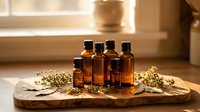 Four amber glass essential oil bottles arranged on wooden board with dried herbs and flowers in warm natural lighting for aromatherapy wellness.