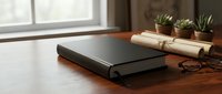 Black leather portfolio folder with rolled documents and small potted plants on wooden desk near window for professional office workspace design.