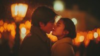 Young couple sharing intimate moment with warm bokeh lights creating romantic evening atmosphere for Valentine's Day celebrations and love concepts.