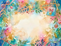 Colorful watercolor frame with festive ribbons, leaves, stars, and gift bags surrounding cream center space for text or design projects.