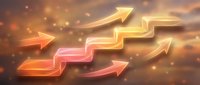 Glowing neon arrows pointing upward in staircase formation against warm bokeh background representing business growth, success and progress concept.