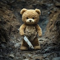 Creepy teddy bear in dirty overalls holding bloody knife stands in muddy pit, dark atmospheric horror scene with sinister plush toy for Halloween concept.