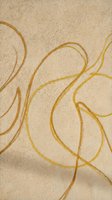 Abstract golden line drawing on textured beige fabric surface. Flowing organic curves and loops in warm ochre and yellow tones create contemporary artistic pattern suitable for textile design and home decor.