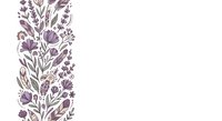 Vertical floral border with purple lavender flowers, leaves and feathers on white background, seamless repeating pattern for cards and fabric.