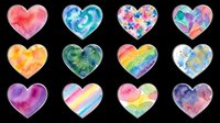 Colorful watercolor hearts collection with various patterns, isolated on transparent background, ready for stickers, t-shirt design, print on demand, and clipart use.