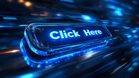 Glowing blue click here button on dark background with motion blur and light effects creates dynamic digital technology concept for web design and interfaces.