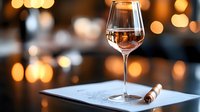 Elegant glass of amber whiskey on document with pen against warm bokeh lights in upscale restaurant atmosphere.