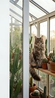 Fluffy tabby cat sitting on wooden shelf among potted cacti and succulents in bright sunroom greenhouse with large windows and natural light streaming in.