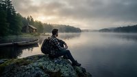 Solitary angler sits on rocky shore of misty forest lake at dawn, peaceful fishing scene with cabin and evergreen trees reflected in calm water.