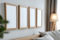 Row of four empty wooden picture frames hanging on light gray wall above sofa in modern minimalist living room interior with soft lamp lighting.