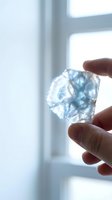 Hand holding transparent blue crystal mineral specimen against bright window light showcasing natural geometric formations and clarity.
