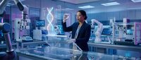 African American male scientist examining holographic DNA structure in modern laboratory with advanced technology and digital displays.