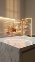Three glowing neon information panels displaying nutritional data, sales charts, and ingredient breakdown for quinoa salad bowl on marble surface with warm lighting.