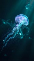Luminous jellyfish floating in deep ocean waters with ethereal blue and purple bioluminescent glow creating mystical underwater atmosphere for marine biology content.