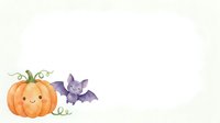 Cute smiling pumpkin character with purple bat companion on isolated white background, ready for autumn designs, greeting cards, and children's illustrations.