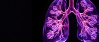 Glowing purple human lungs with cancer cells on dark background, medical anatomy concept for healthcare, oncology, and respiratory disease education.