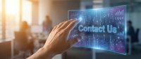 Hand touching futuristic holographic contact us interface with digital data streams in modern office environment for business communication technology.