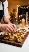 Professional chef preparing gourmet appetizers on wooden board in warm restaurant kitchen with bokeh lights creating elegant dining atmosphere.